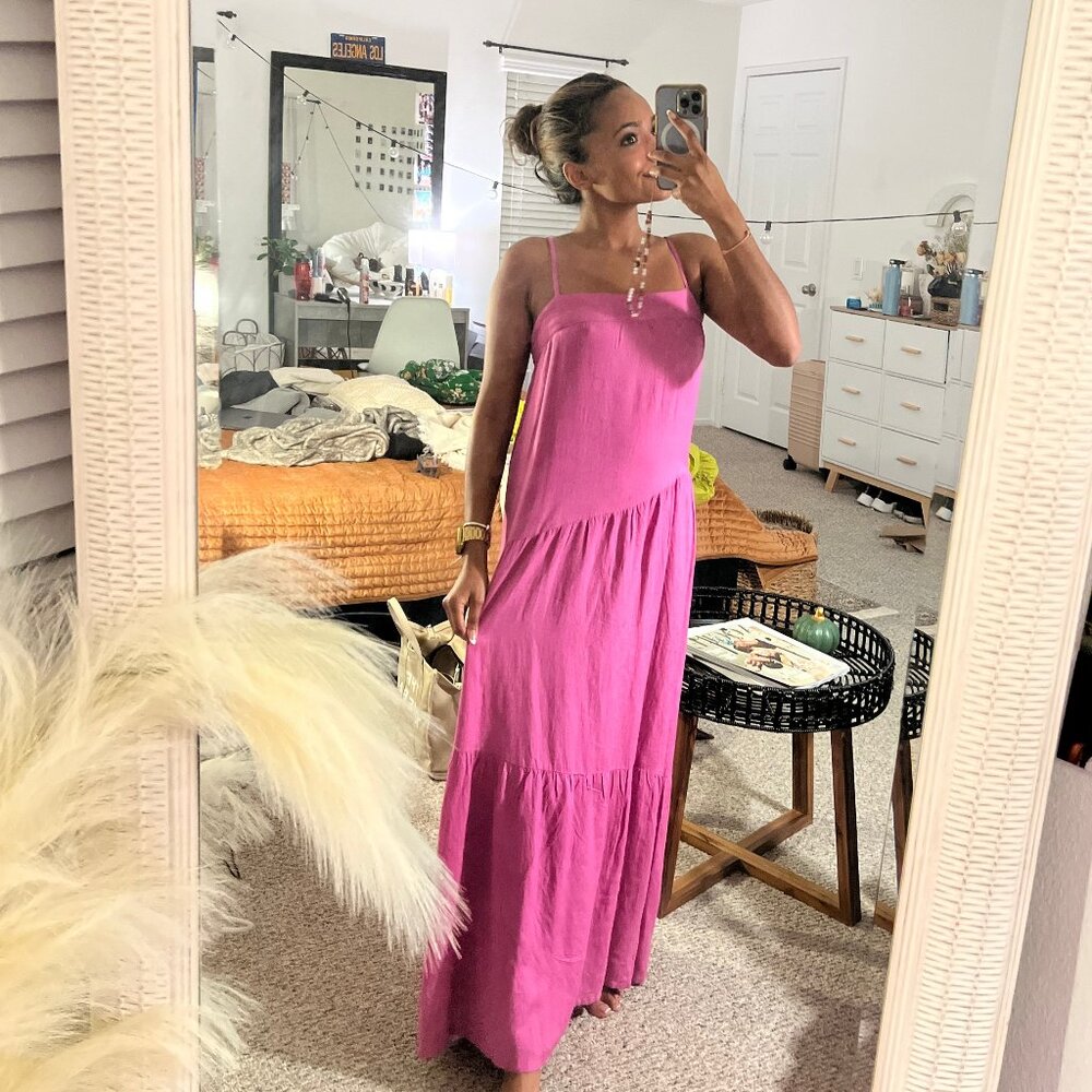 NEW Sim & Sam Vibrant Pink Azafran Rayon-Linen Maxi Dress